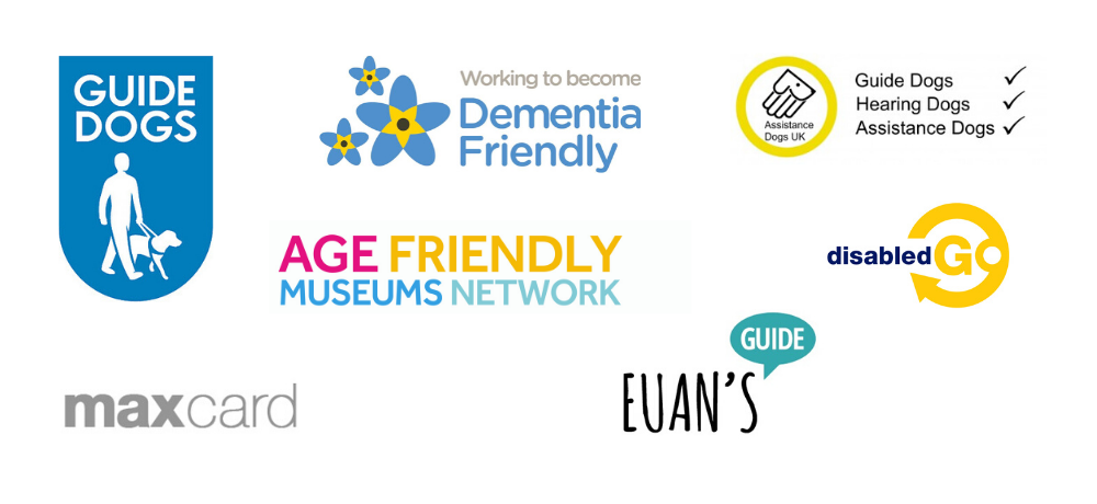 Collection of logos highlighting the organisations we support at York Museums Trust: Assistance Dogs UK, Guide Dogs, Age Friendly Museums Network, Max Card, Disabled Go, Euan's Guide and Working To Become Dementia Friendly